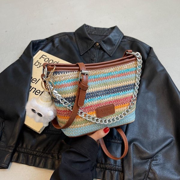 Fargerike stråvesker for kvinner, vevde vår- og sommer vesker, strandvesker, mote messenger-vesker, reise casual vesker khaki khaki