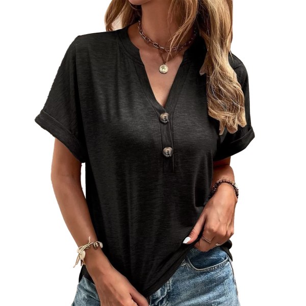 YJ Button Short Sleeve Top V Neck Drop Shoulder Loose Casual Soft Women Button Summer T Shirt Black L