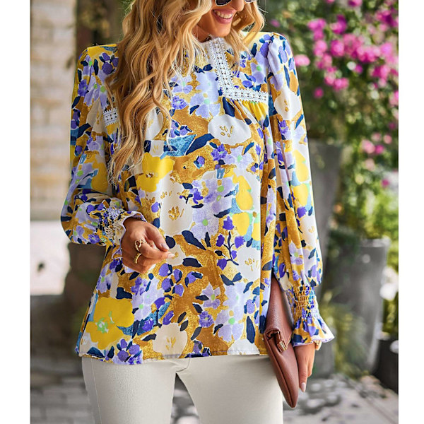 YJ Dame Floral Top Lanterne Langærmet Rund Hals Elastisk Manchet Blonder Splidning Løs Komfortabel Floral Bluse Brun XL