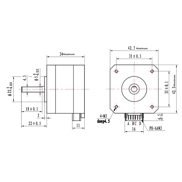 Nema 17 -kaksinapainen askelmoottori 3D-tulostimille - korkea vääntömomentti 1,2A, 320mN.m