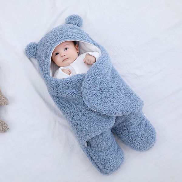 Svøpe baby sovepose, teddybjørnform, for babyer 0-3 måneder, mykt babyteppe, unisex, lett å vaske, blå