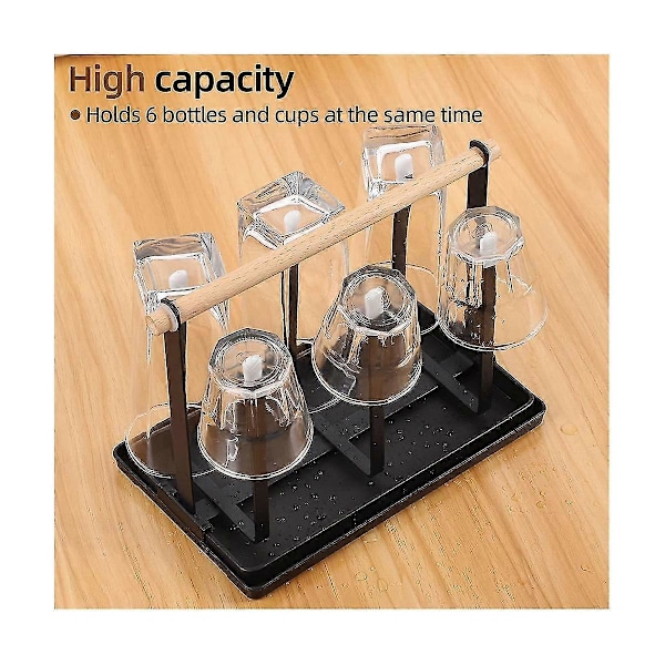Flaskeholder, Opvaskestativ til Flasker, 6 Flaskeholder, Metal Kopholder med Drypbakke og Flasketørrer til Flasker og Kopper