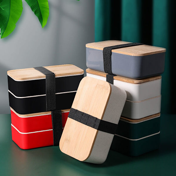 Lunchlåda Svart Bento Design Bentolåda Bambu 2 lufttäta fack 1200 ml Mikrovågsugn Diskmaskin Säker Lunchlåda Trä Vuxna Barn - HARRY