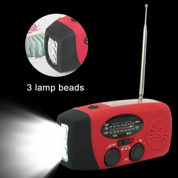 Vevradio med Solceller / Ficklampa - 2000mAh Powerbank - Röd Röd