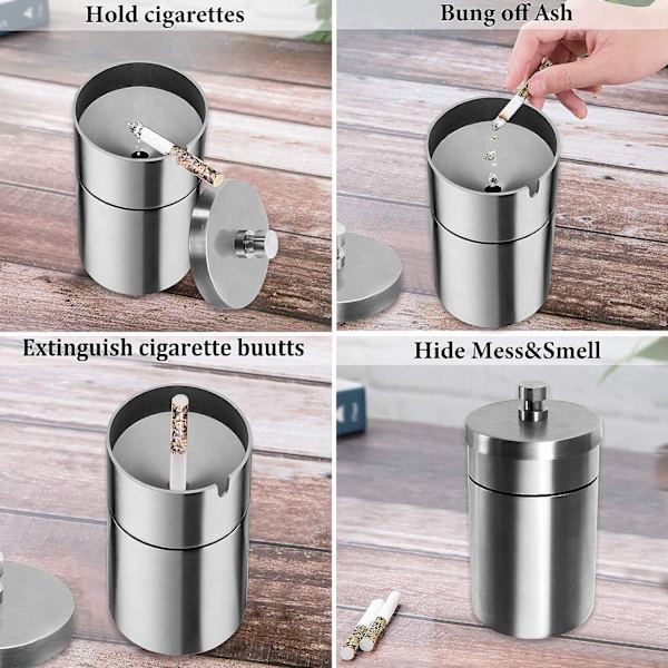 Askkopp, Askkoppar i rostfritt stål med lock Vindtät ，Silver
