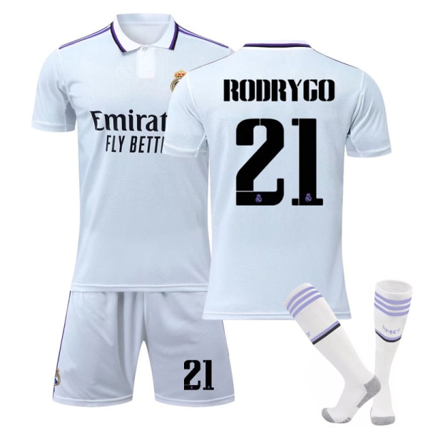 Real Madrid Fc Fotbollströja Kit Fotbollsuniformer Set RODRYGO 21 22 (120-130cm)