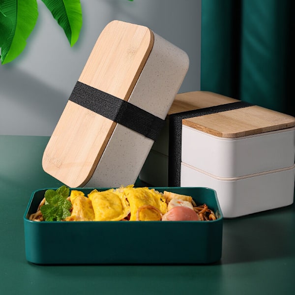Lunchlåda Svart Bento Design Bentolåda Bambu 2 lufttäta fack 1200 ml Mikrovågsugn Diskmaskin Säker Lunchlåda Trä Vuxna Barn - HARRY