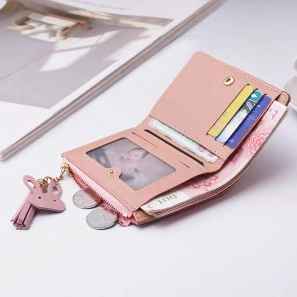 Liten plånbok för kvinnor, tjejer Bifold Slim PU-läder (rosa)