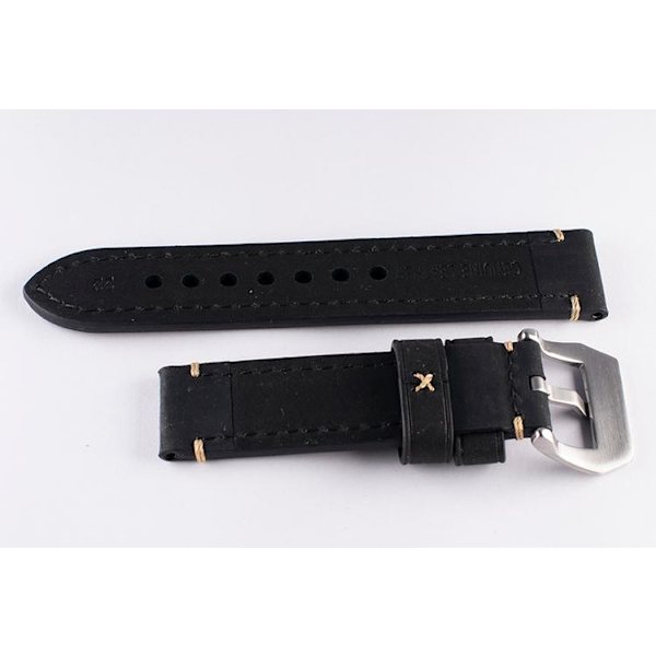 Svart kraftigt klockarmband av läder med sömmar Black 24mm