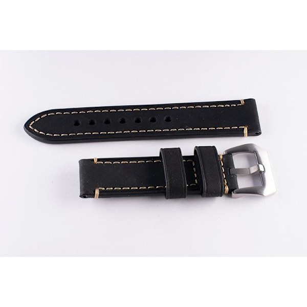 Svart kraftigt klockarmband av läder med sömmar Black 24mm