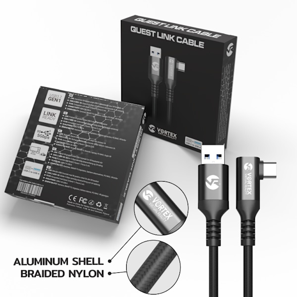 5 metrin kaapeli VortexVR USB-A:sta Meta Quest Linkiin | Quest 3S:ään Quest 3 Quest 2:een