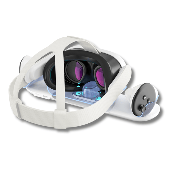 VORTEX VR Lade-dokk for Meta Quest 3 – Dobbel USB-C-stasjon med LED-base, lader headset og controllere, inkluderer batterier og deksler