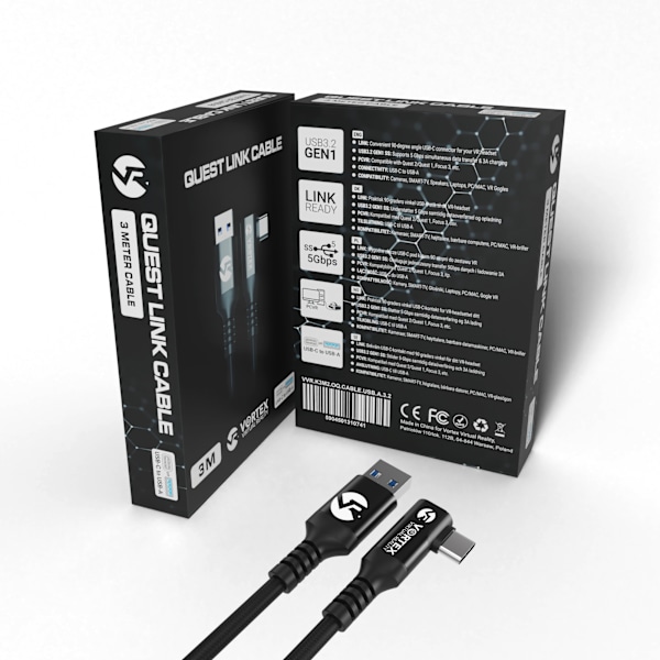 VORTEX VR 3m Link-kabel USB-A til USB-C – Højhastigheds PC VR-kabel til Meta Quest 3 / Quest 3S / Quest 2 / Quest 1 – 5 Gbps dataoverførsel til Oculus