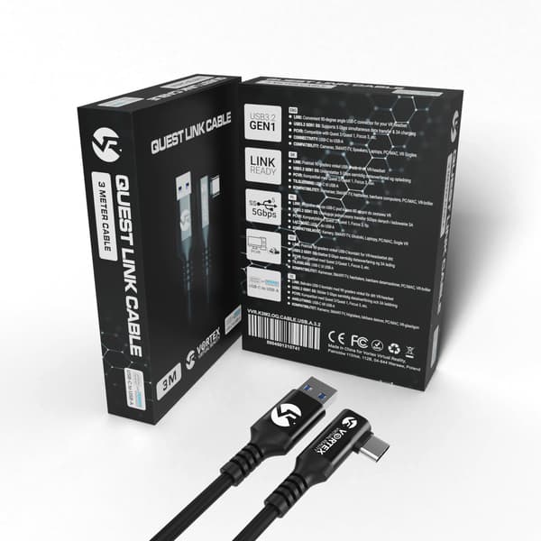 VORTEX VR 3m Link-kabel USB-A til USB-C – Høyhastighets PC VR-kabel for Meta Quest 3 / Quest 3S / Quest 2 / Quest 1 – 5 Gbps dataoverføring for Oculus