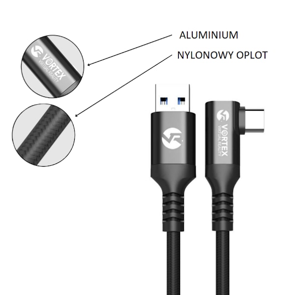 VortexVR-kaapeli 3m + kiinnitin | USB-A | Quest 3 Quest 3S Quest 2:lle