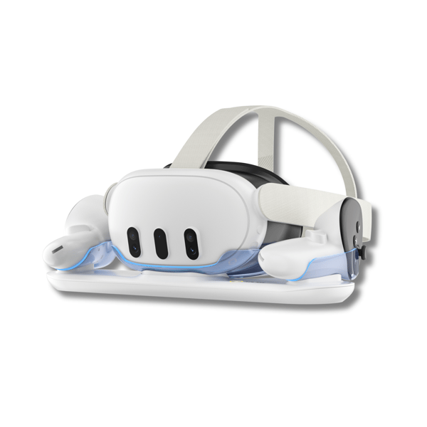 VORTEX VR Lade-dokk for Meta Quest 3 – Dobbel USB-C-stasjon med LED-base, lader headset og controllere, inkluderer batterier og deksler