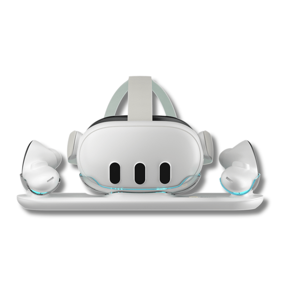 VORTEX VR Lade-dokk for Meta Quest 3 – Dobbel USB-C-stasjon med LED-base, lader headset og controllere, inkluderer batterier og deksler