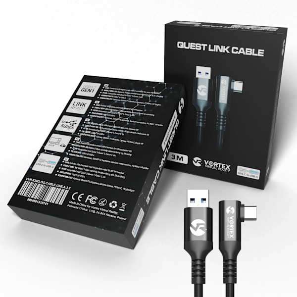 3 metrin kaapeli VortexVR USB-A:sta Meta Quest Linkiin | Quest 3S:ään Quest 3 Quest 2:een
