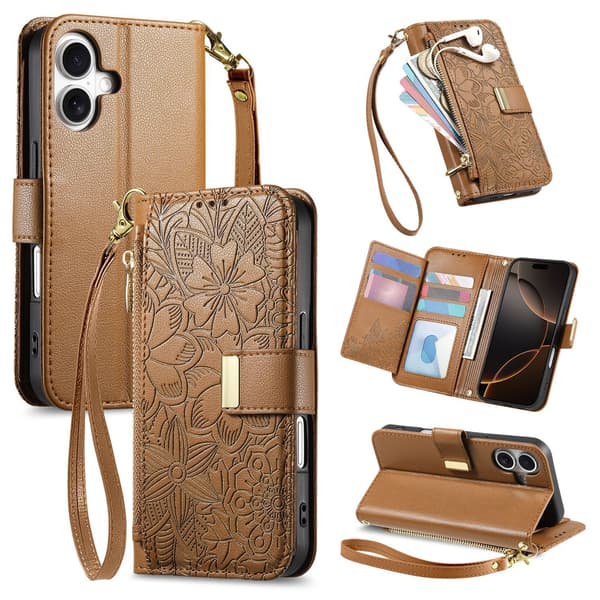 Etui til iPhone 18 Pro, PU læder flip-etui med kortholder og håndledsrem Brun Brown