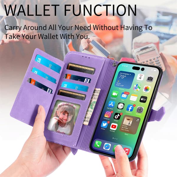 Ægte læder flip-pung etui til iPhone 18, lynlåsholder med indbyggede rum, blå Blue