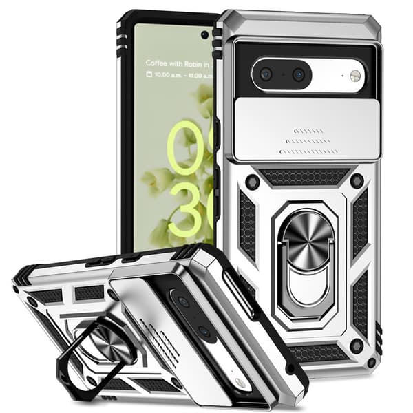 Etui til Google Pixel 10/Pixel 10 Pro, med ringstativ og skyvedeksel for kameralinse Sølv Silver