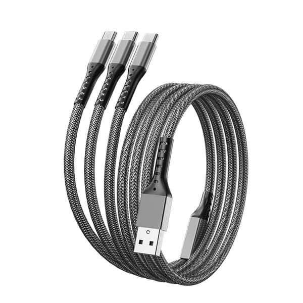 Lightning till Micro USB Type-C laddningskabel 5A 66W nylonflätad 3-i-1 kompatibel med Apple/Android/Type-C, 2m grå