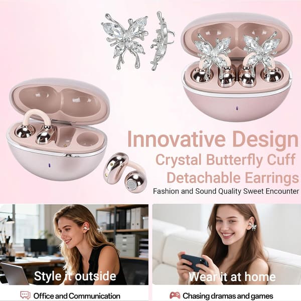 Trådløse Bluetooth-ørepropper - kommer med avtakbare glitrende sommerfugløreringer, 50 timers spilletid Rosa