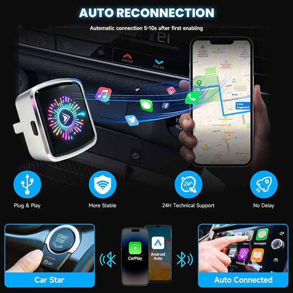 2-i-1 Trådløs CarPlay-adapter, Plug-and-Play, Kompatibel med iOS 10+ og Android 11+ Sølv Silver