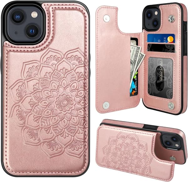 Fodral för iPhone 15 Pro, med kortplats, magnetlås, plånboksdesign Roséguld