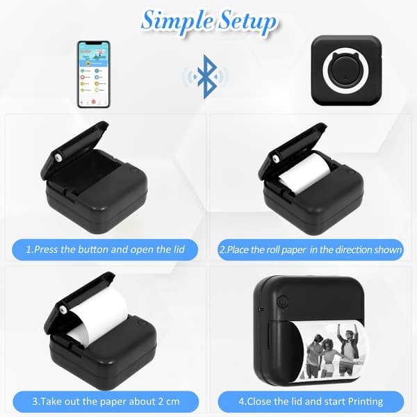 Bærbar termisk printer leveres med 3 ruller trykpapir og 3 ruller termisk papir, Bluetooth blækfri printer A