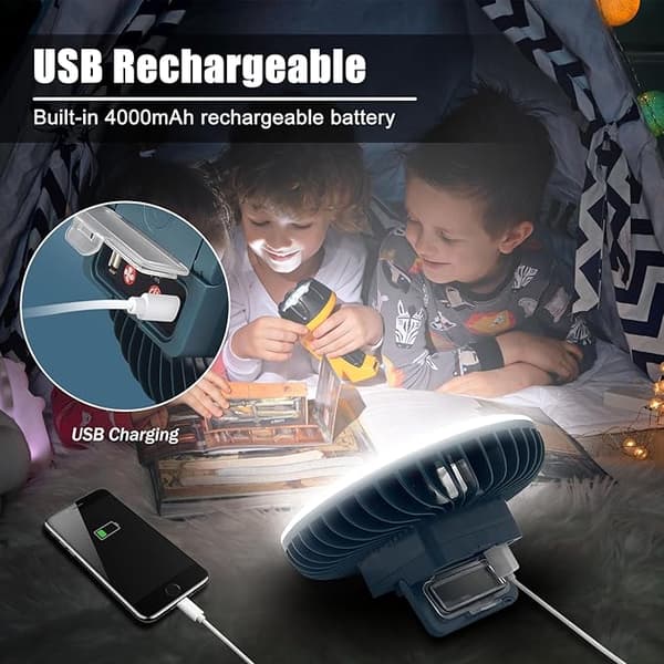 Bærbar campingventilator med LED-lys, USB genopladelig og krog. blue