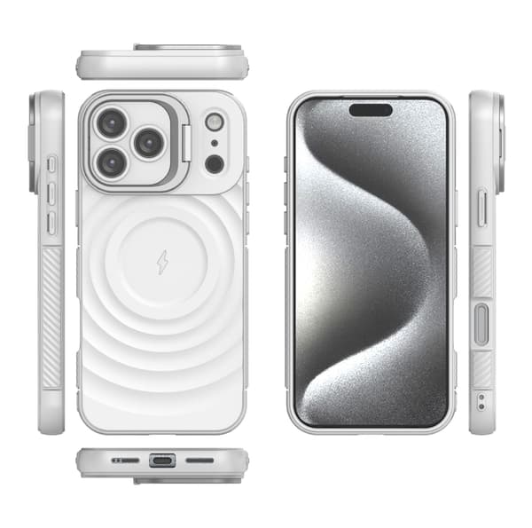 Fodral för iPhone 18 Pro Max, stöder magnetisk trådlös laddning, har ett vikbart linsstativ Vit White