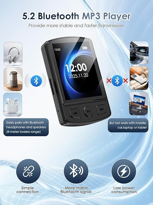 MP3-soitin - tukee Bluetooth 5.2:ta, HiFi-kaiuttimet (16GB)