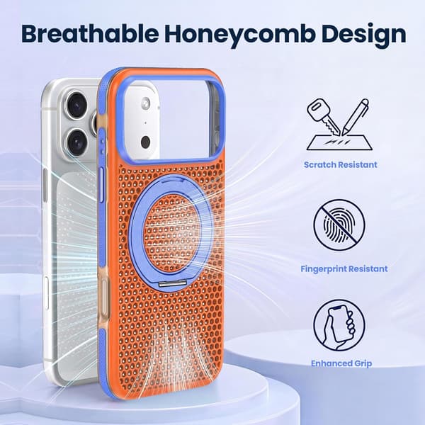 Etui til iPhone 17 Pro Max, Magnetisk 360° Roterende Støttefod, Honeycomb Udskåret Bagpanel orange orange