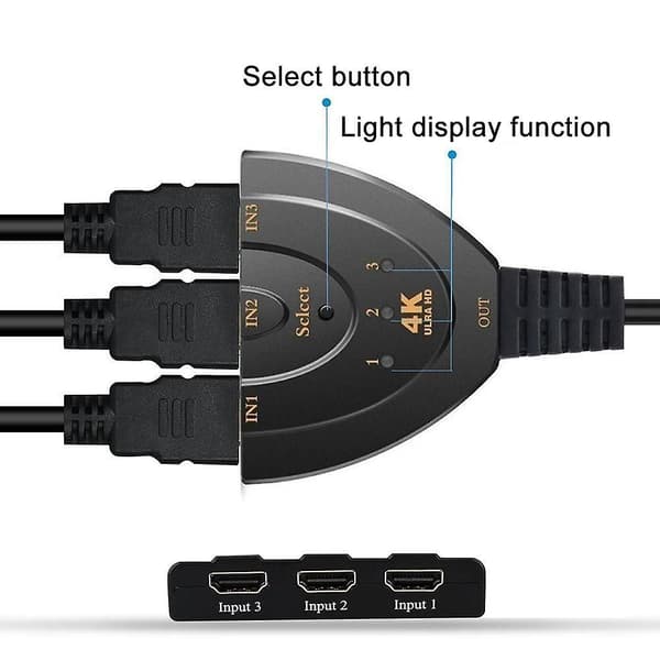 Switch, 3-portars 4k HDMI-switch 3x1 switch-splitter med pigtail-kabel stöder Full HD 4k 1080p
