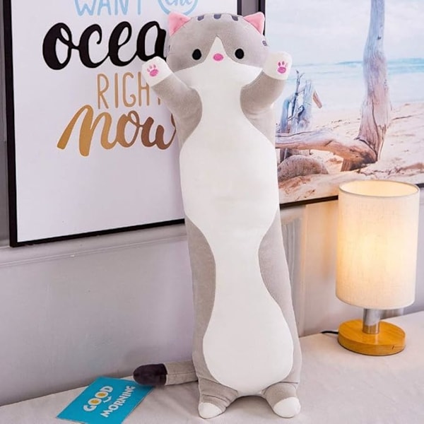Plyschkatt tecknad kudde 90cm Grå Gray