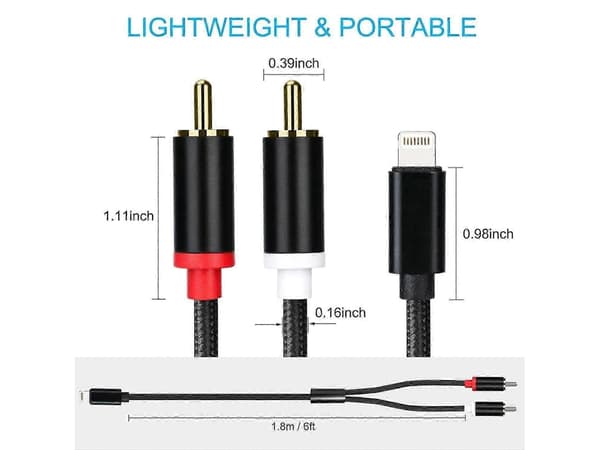 Lightning til RCA-adapterkabel, Y-spole stereo-lyd til iPhone, iPad, bil og hjemmebiograf