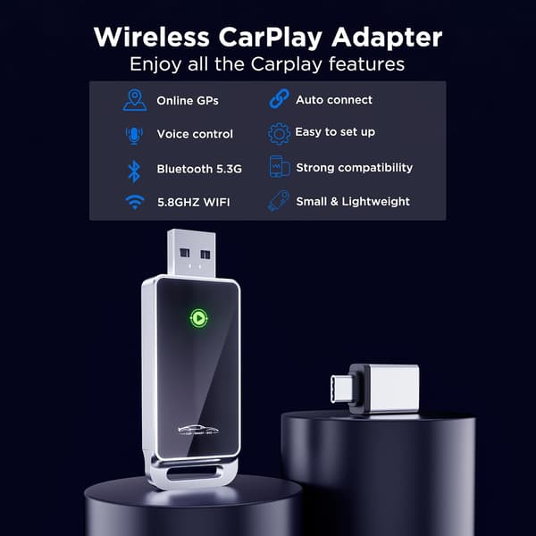 Trådlös CarPlay-adapter, plug and play, stöder Bluetooth 2.4GHz och Wi-Fi 2.4+5.8GHz dubbla band