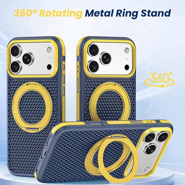 Deksler til iPhone 18 Pro, magnetisk 360° roterende støtte, bikubeutskjæring bakpanel blekkblå ink blue