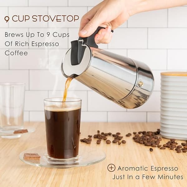 Espressokanne for koketopp, 450 ml/15 oz, 9 kopper kaffe, rustfritt stål Sølv Silver