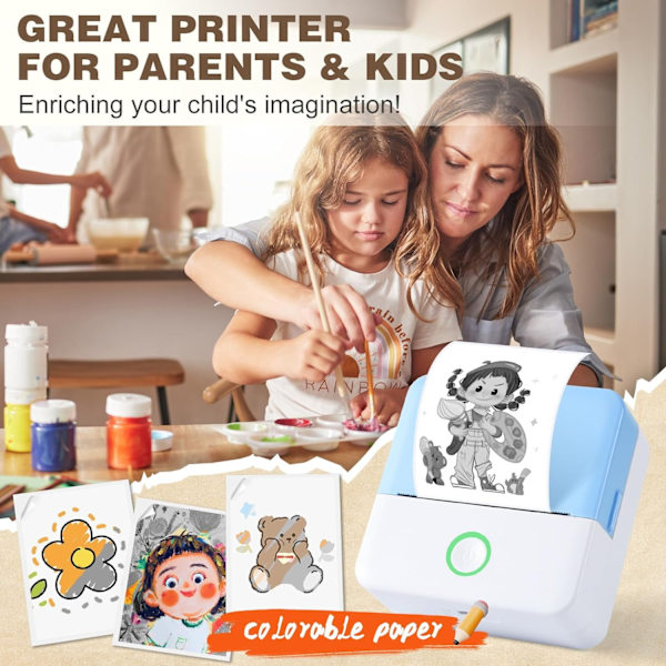 Mini termisk printer, trådløs etiketprinter med bånd, kompatibel med iOS og Android Blå