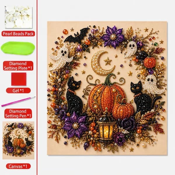 Halloween 3D Perle Spøgelse Diamant Maleri Sæt 20x20cm, DIY Kunst, Festgave Heks Witch