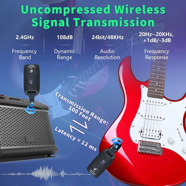 A9 Trådløst Gitarsystem 2,4 GHz Sender og Mottaker, Oppladbar, 30 meters rekkevidde, Svart Black