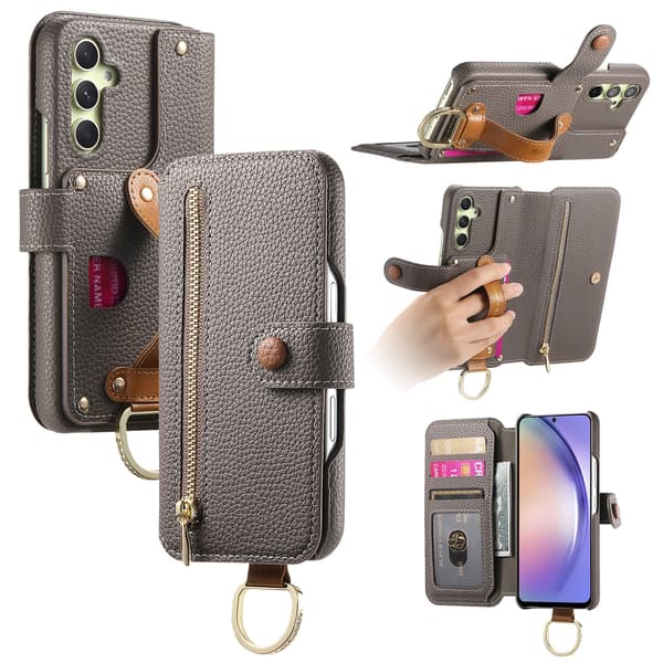 Etui til Samsung Galaxy S25, med ringlås for håndleddsrem, i lær gray