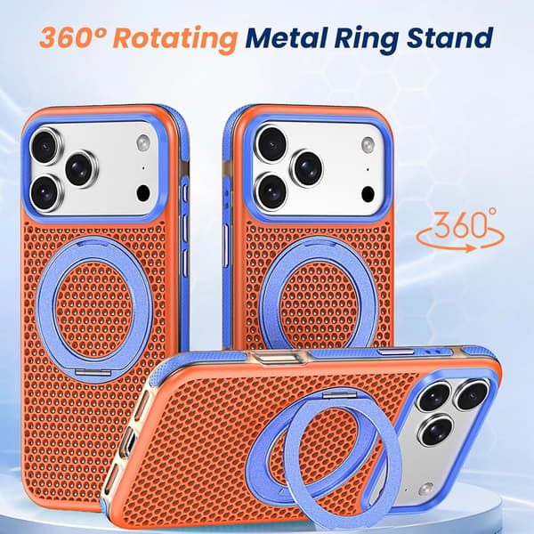 Deksler til iPhone 18 Pro, magnetisk 360° roterende støtte, bikubeutskjæring bakpanel oransje orange