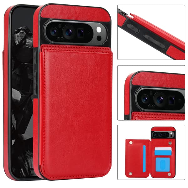 Etui til Google Pixel 10/10 Pro, læderpung med kortholder rød red