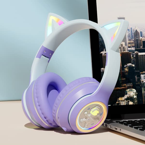 Bluetooth 5.3 Katteøre Hode-montert Gaming Headset med Lysende Romkapsel Headset (Lilla) Green