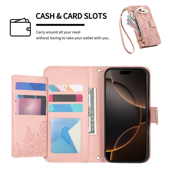 Etui til iPhone 18 Pro, PU læder flip-etui med kortholder og håndledsrem Sort Black