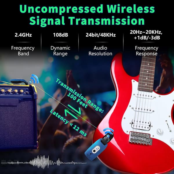 A9 trådløst gitarsystem 2,4 GHz sender og mottaker, oppladbar, 30 meters rekkevidde, blå Blue