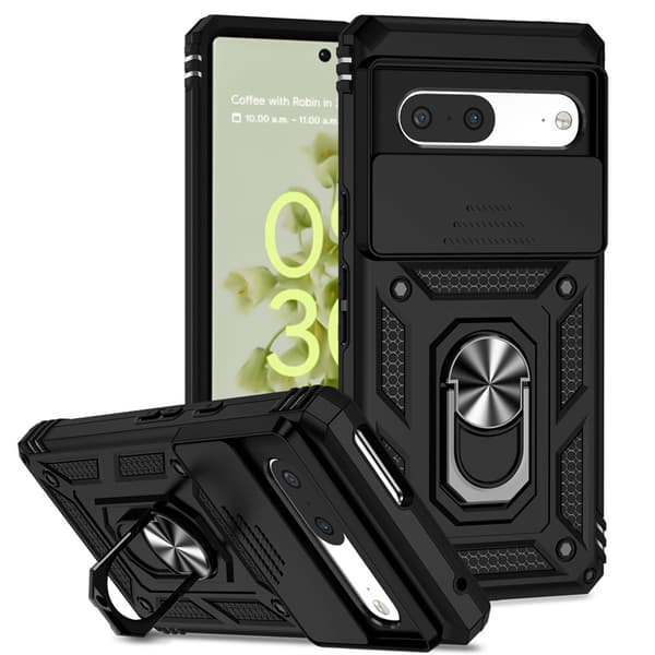 Etui til Google Pixel 10Pro XL, med ringholder og skydelåg til kameralinse Sort Black